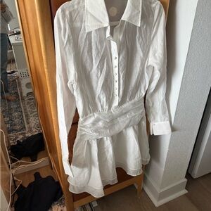 White Button-Up Linen-y Dress with Layered Hem